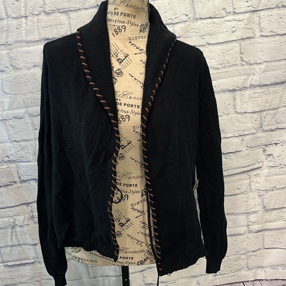 LRL Wrap Cardigan Sweater Linen Blend Concho Button Faux Leather Trim Size XS - Picture 8 of 12